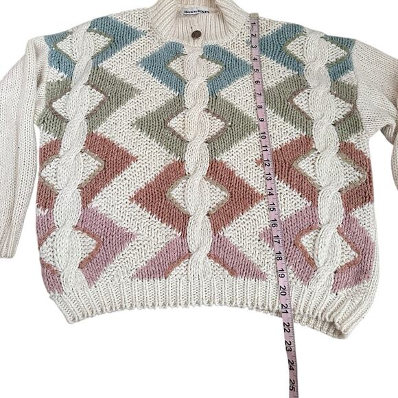 Vtg Hand Knit Chevron Sweater Cream Pastel Y2K Cable Knit Button Collar Grandma - Picture 5 of 9
